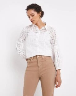 White Volume Sleeve Broderie Shirt