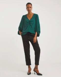 Ruched Front Balloon Sleeve Satin Top -Deals Stylo Vex Store x01tu291761w