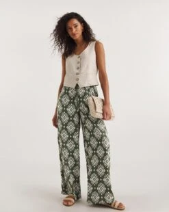 Khaki Print Pull On Wide Leg Trousers