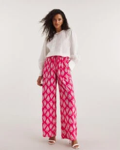 Pink Print Crinkle Wide Leg Trousers