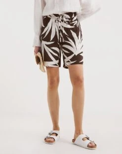 Chocolate Leaf Print Linen Mix Shorts -Deals Stylo Vex Store y01gz459721w