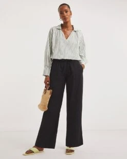 Black Linen Mix Straight Leg Trousers