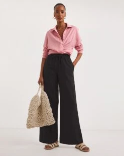 Black Linen Mix Wide Leg Trousers