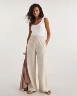 Sand Linen Mix Wide Leg Trousers