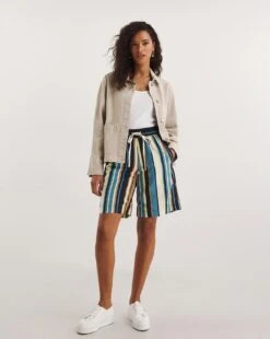 Stripe Linen Mix Knee Length Shorts
